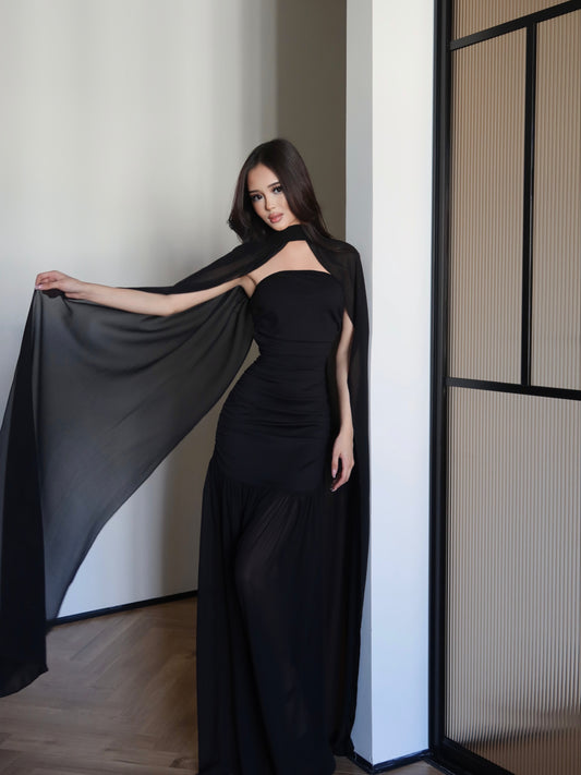 Black Chiffon Maxi Gown Floor Length Sheer Flowing Cape