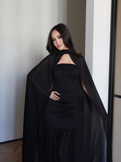 Black Chiffon Maxi Gown Floor Length Sheer Flowing Cape