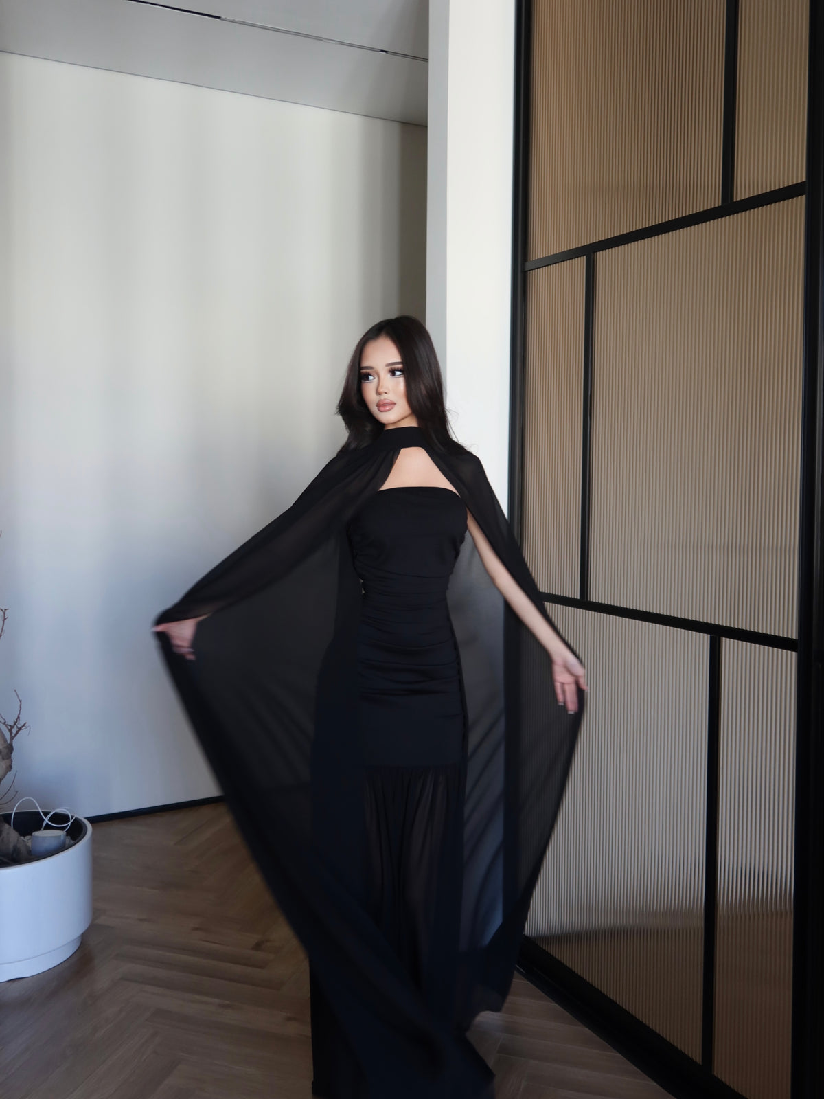 Black Chiffon Maxi Gown Floor Length Sheer Flowing Cape
