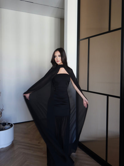 Black Chiffon Maxi Gown Floor Length Sheer Flowing Cape