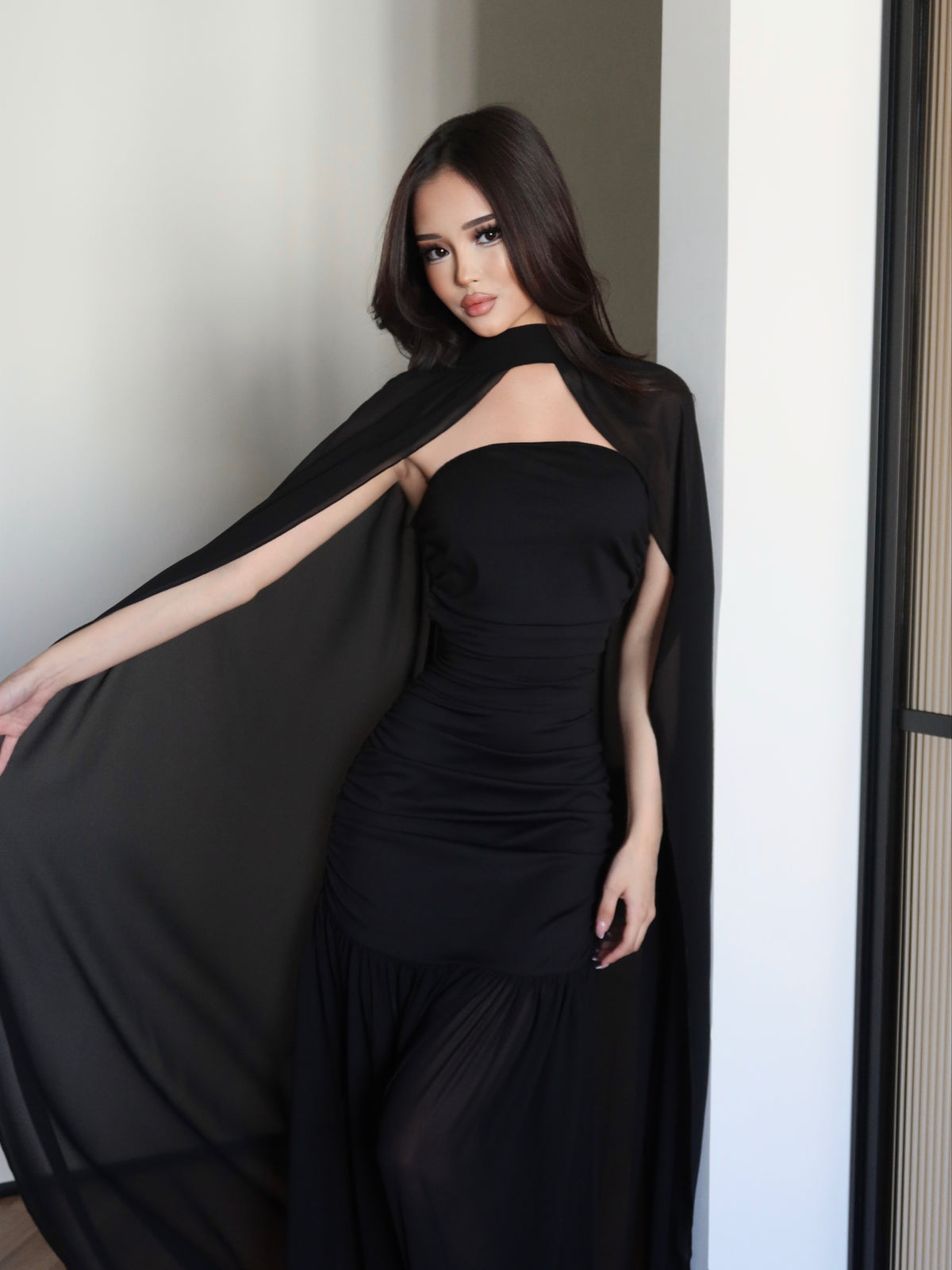 Black Chiffon Maxi Gown Floor Length Sheer Flowing Cape