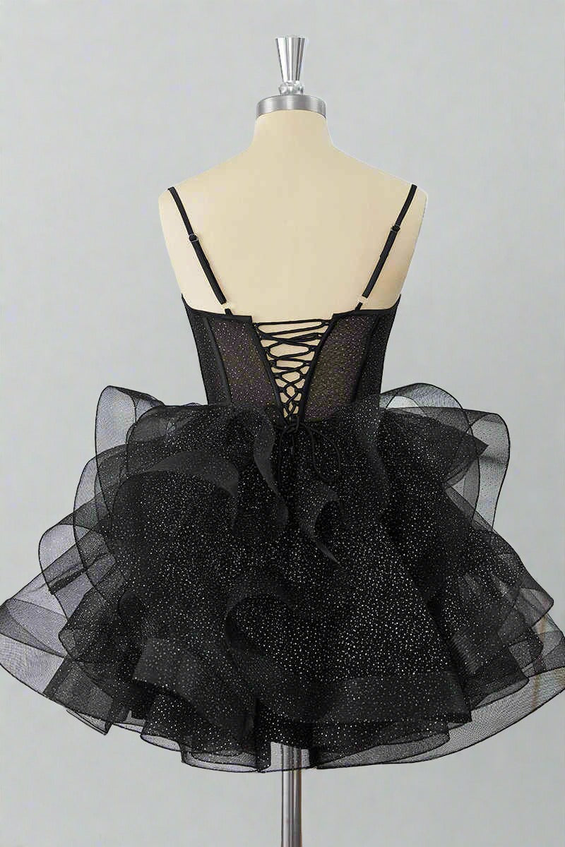 Black Straps A-Line Ruffle Tulle Homecoming Dress Short
