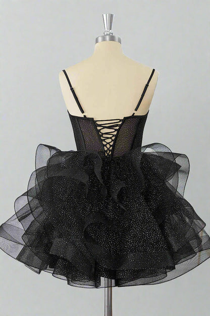 Black Straps A-Line Ruffle Tulle Homecoming Dress Short