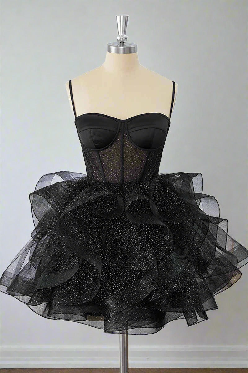 Black Straps A-Line Ruffle Tulle Homecoming Dress Short