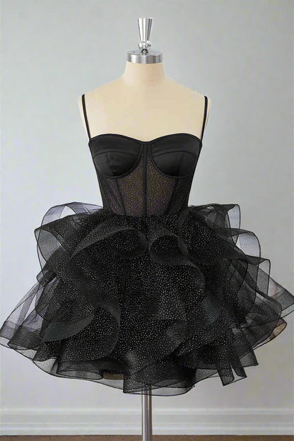 Black Straps A-Line Ruffle Tulle Homecoming Dress Short