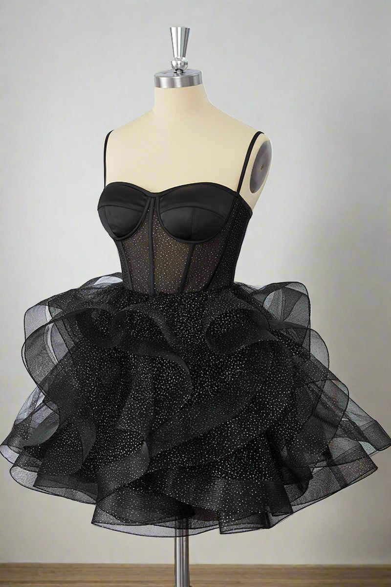 Black Straps A-Line Ruffle Tulle Homecoming Dress Short