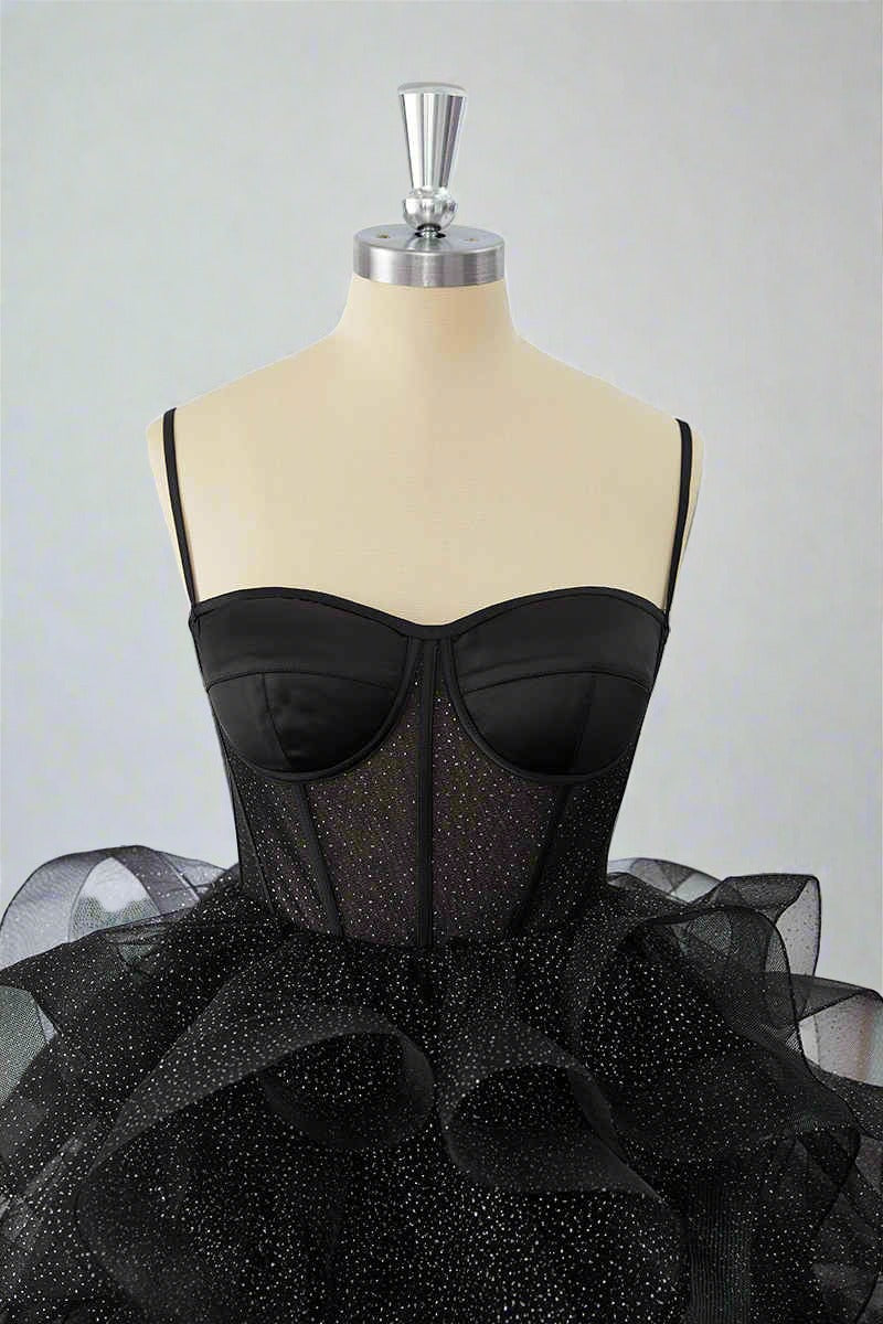 Black Straps A-Line Ruffle Tulle Homecoming Dress Short