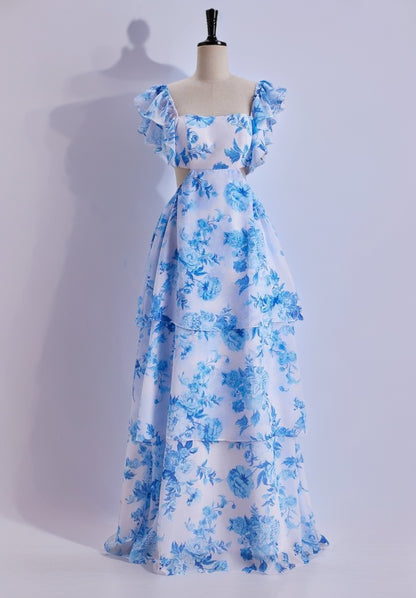 Blue Floral Flutter Sleeves A-line Formal Dress,Long Prom Dresses Unique