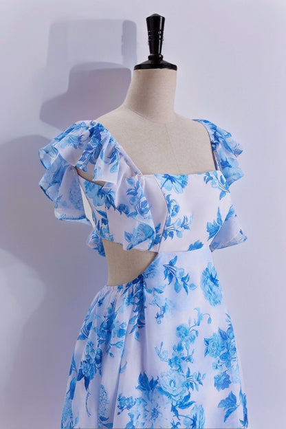 Blue Floral Flutter Sleeves A-line Formal Dress,Long Prom Dresses Unique