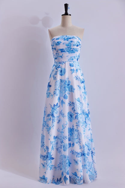 Blue Floral Print Strapless Prom Dress Long Formal Evening Dresses