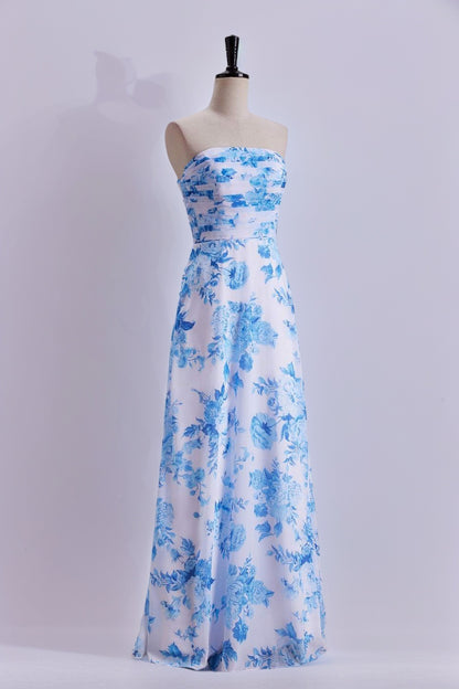 Blue Floral Print Strapless Prom Dress Long Formal Evening Dresses