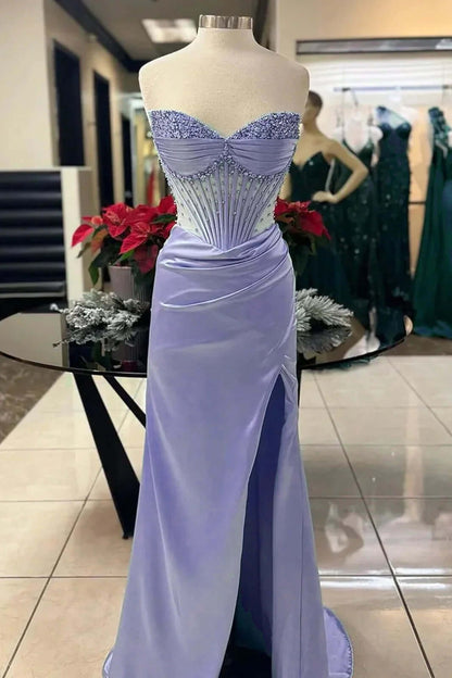 Sexy Prom Dress with Slit and Corset Ruched Bodycon Dresses Outfit Party