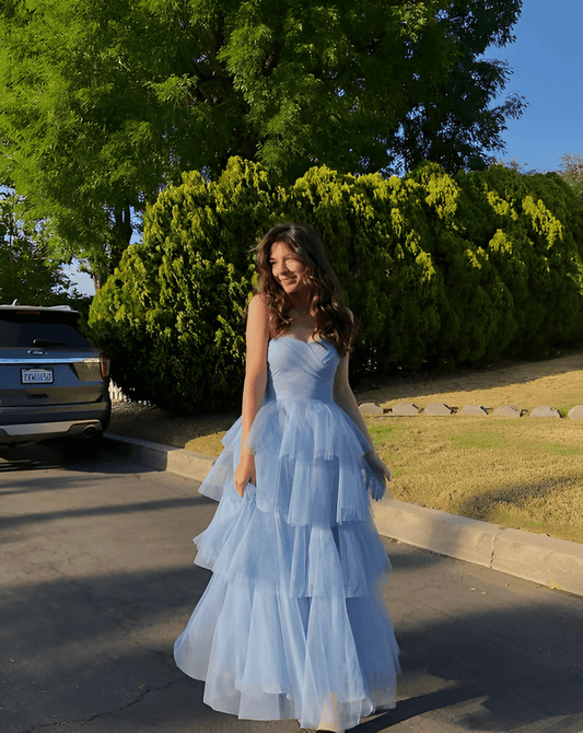 Fancy Blue Long Formal Dresses Tiered Tulle Strapless Prom Birthday Gown