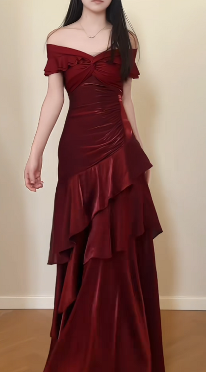 Navy Blue Sheath Long Prom Dresses Satin Off-shoulder Evening Gowns Dramatic Ruffles Birthday Dress