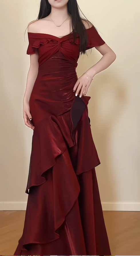 Navy Blue Sheath Long Prom Dresses Satin Off-shoulder Evening Gowns Dramatic Ruffles Birthday Dress