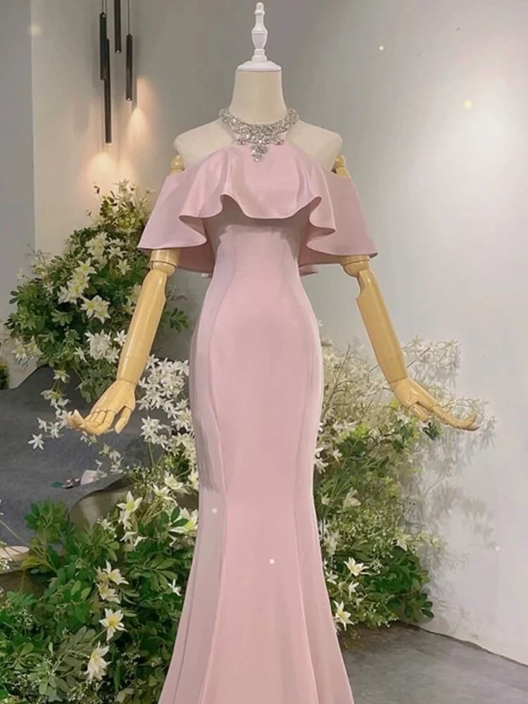 Exotic Pink Mermaid Prom Dresses for Party Events Crystal Neckline