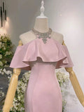 Exotic Pink Mermaid Prom Dresses for Party Events Crystal Neckline