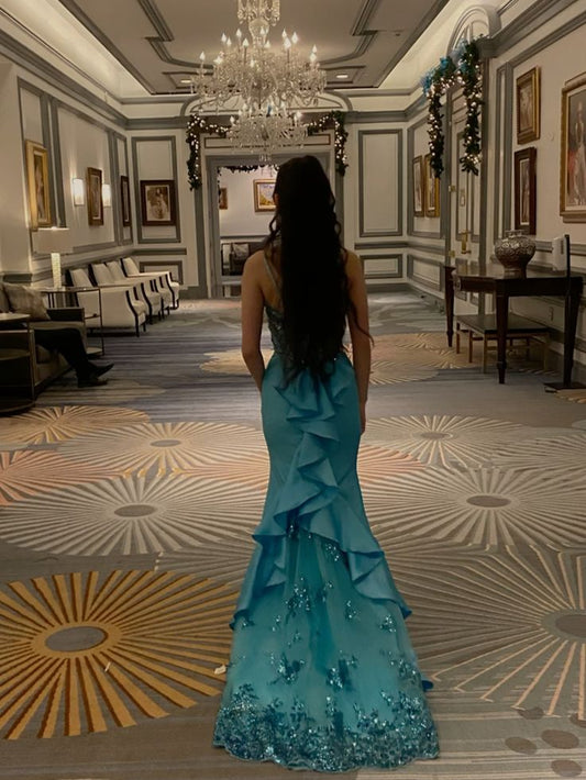 Unique Mermaid Peacock Blue Satin Party Dress Long Wedding Guest Outfit