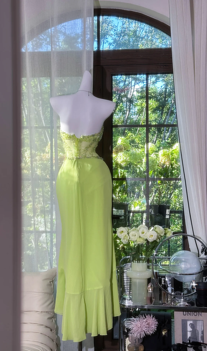 Classy Green Mermaid Evening Dresses Sweetheart Neck Beaded Ruffle Chiffon Prom Outfit