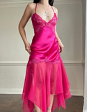Hot Pink A Line Prom Dress Spaghetti Strap V Neck Formal Dresses