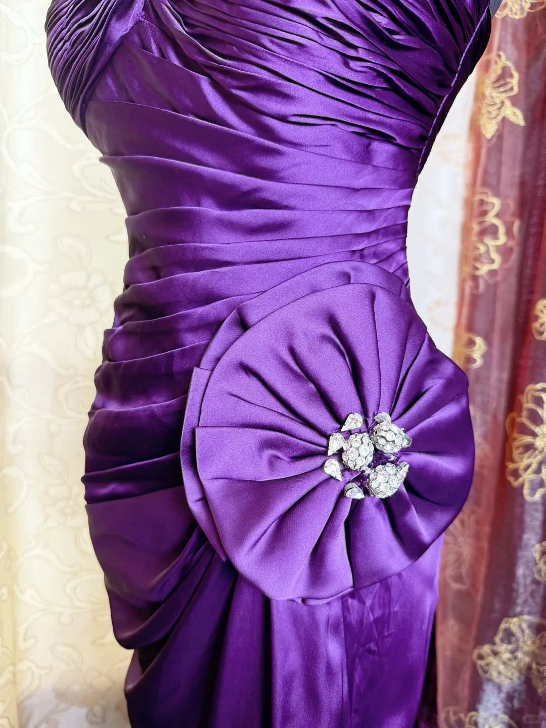 Sexy Spaghetti Straps Satin Pleated Slit Long Prom Dress Purple Mermaid Evening Gown
