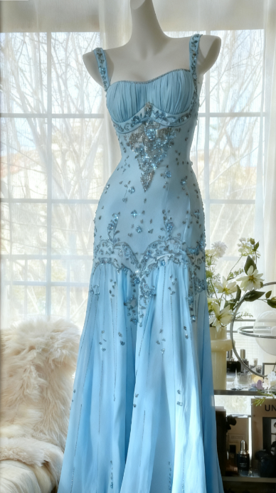 Luxury Straps Beaded Chiffon Long Prom Dress Open Back Formal Dresses
