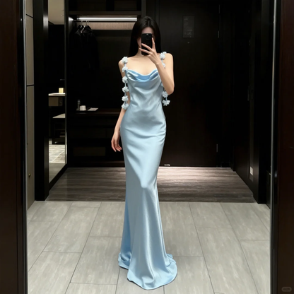 Gentle Blue Mermaid Formal Dress Outfits Spaghetti Strap Satin Long Evening Gowns