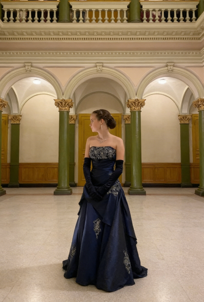 Vintage Navy Blue Exquisite Floral Long Satin Ball Gown Evening Dress
