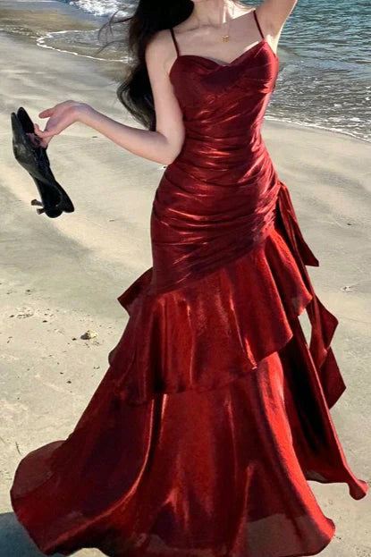 Spaghetti Straps Sleeveless Ruffle Long Formal Prom Dress Elegant Evening Party Dresses