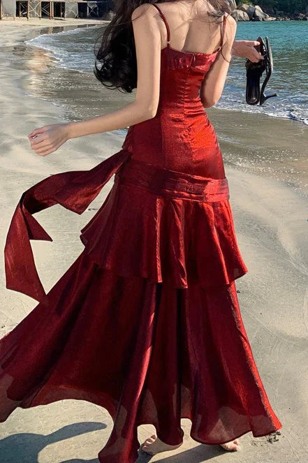 Spaghetti Straps Sleeveless Ruffle Long Formal Prom Dress Elegant Evening Party Dresses