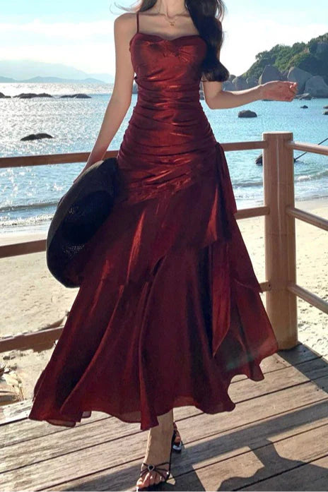 Spaghetti Straps Sleeveless Ruffle Long Formal Prom Dress Elegant Evening Party Dresses