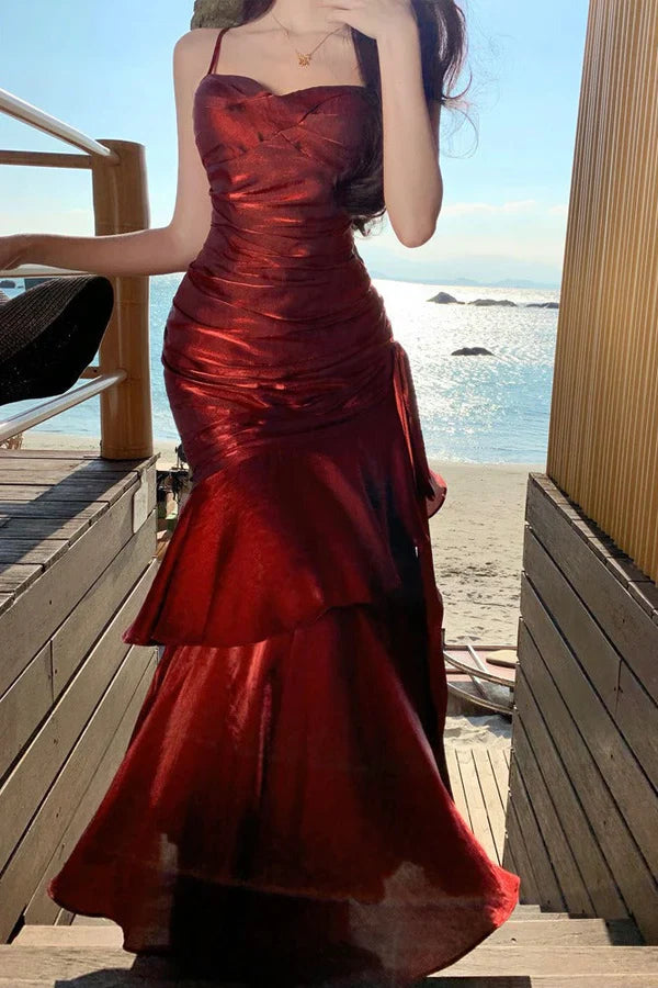 Spaghetti Straps Sleeveless Ruffle Long Formal Prom Dress Elegant Evening Party Dresses