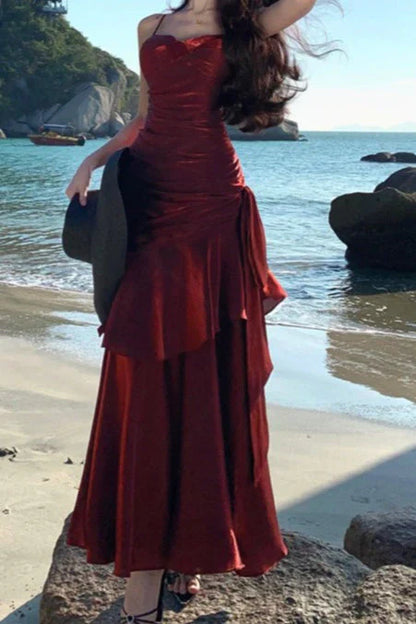 Spaghetti Straps Sleeveless Ruffle Long Formal Prom Dress Elegant Evening Party Dresses