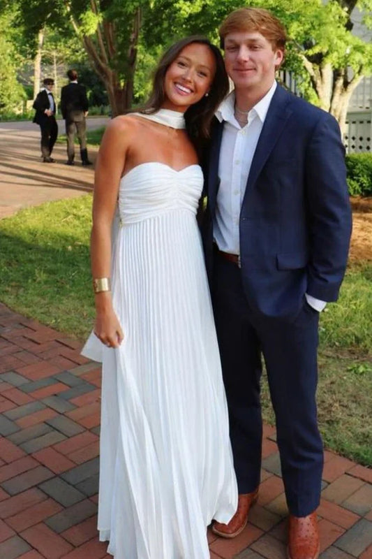 Strapless Pleated Satin Maxi Prom Dress  A-Line Evening Gown with Scarf