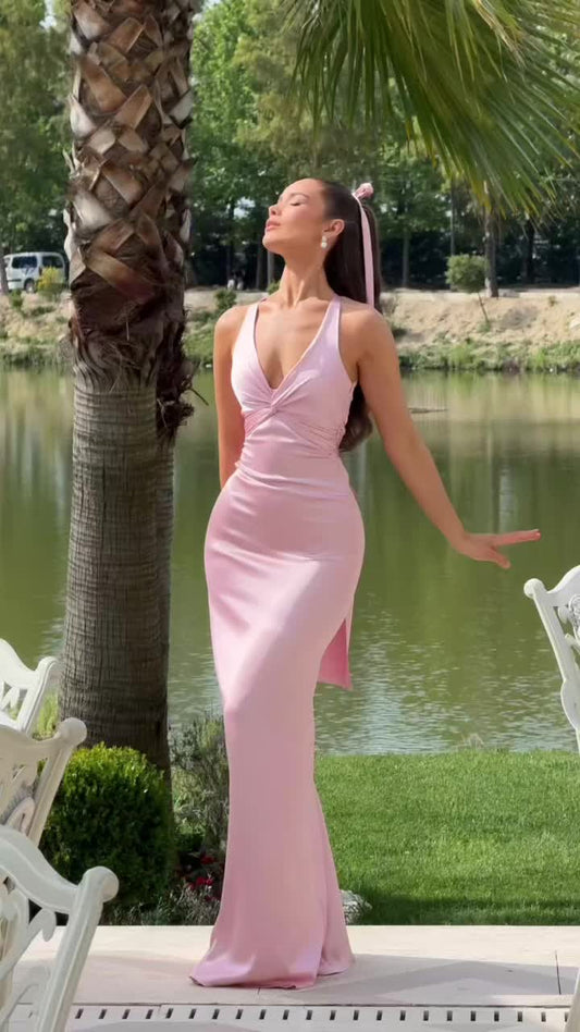 Classy V Neck Prom Dresses Satin Straps Mermaid Formal Gown