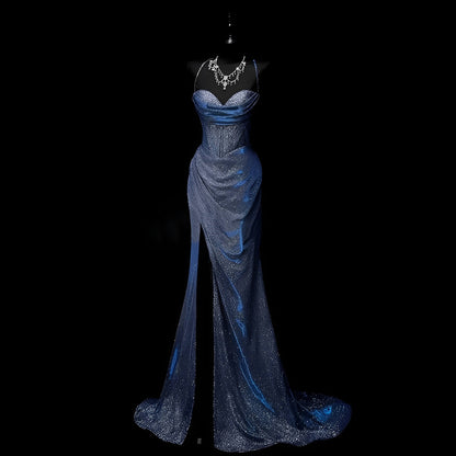 Classy Leg Split Prom Dresses Straps Mermaid Long Evening Party Gowns