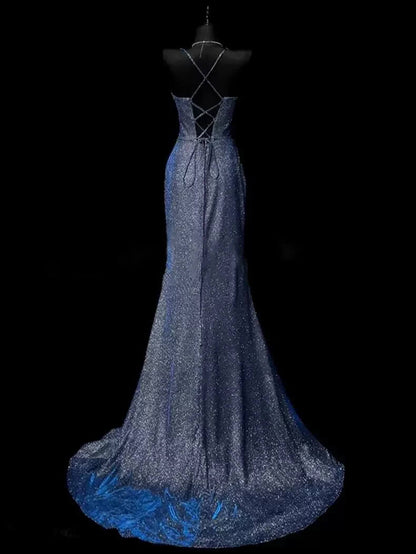 Classy Leg Split Prom Dresses Straps Mermaid Long Evening Party Gowns