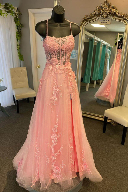 Coral Strapless Prom Dresses Long A-line Split Tulle Wed Party Gown Open Back