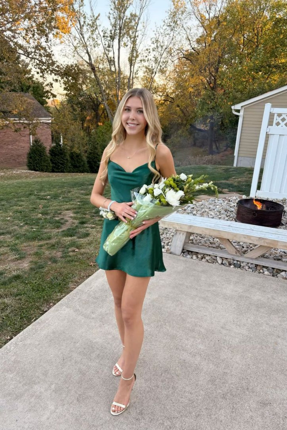 Cute Cowl Neck Emerald Green A-line Short Dress Straps Formal Mini Dresses