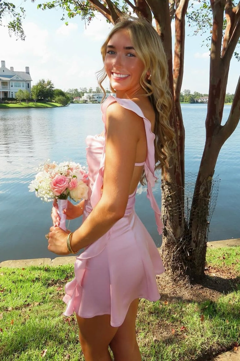 Cute Square Neck Pink Short Hoco Dress Open Back  jkprom