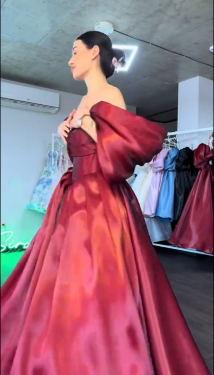 Burgundy Ball Gown Off The Shoulder Satin Beaded Puffed Sleeves Prom Gown