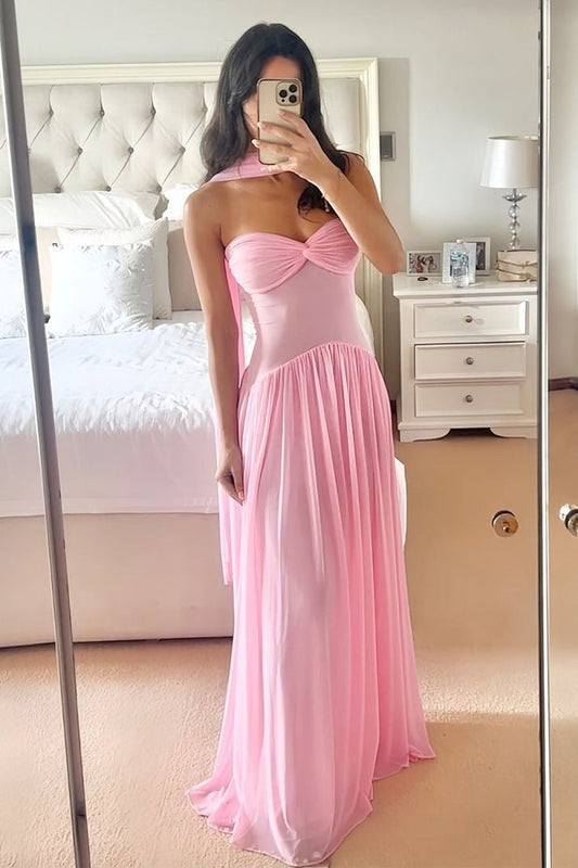 Pink Sweetheart Twist A-line Long Dress Formal Outfit