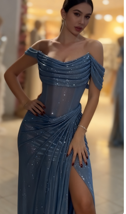 Sparkly Mermaid Blue Sequin Long Evening Party Gowns Ball Gowns Luxury