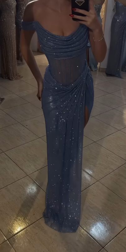 Sparkly Mermaid Blue Sequin Long Evening Party Gowns Ball Gowns Luxury