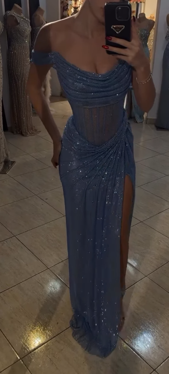 Sparkly Mermaid Blue Sequin Long Evening Party Gowns Ball Gowns Luxury
