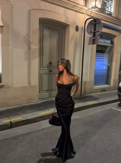 Sexy Black Mermaid Formal Evening Gown Satin Long Prom Dress