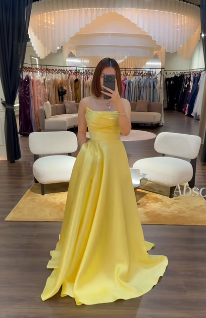 Elegant A-line Yellow Long Prom Dresses Strapless Party Gown with Pocket