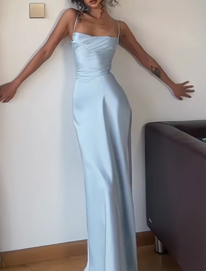 Sexy Blue Birthday Dresses Spaghetti Straps Satin Long Prom Gown Formal Party Dress
