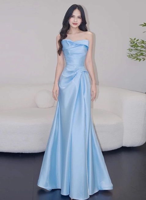 Fancy Strapless Sheath Long Evening Dresses Satin Blue Bridesmaid Dress Sleeveless Wedding Guest Gown