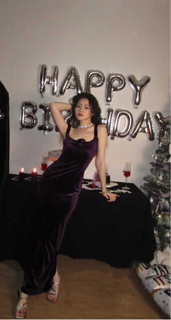 Sexy Straps Sheath Long Prom Dresses Velvet Formal Evening Gown Purple Birthday Dress